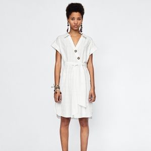 Zara Basic Textured Weave Shirt Dress Off White L